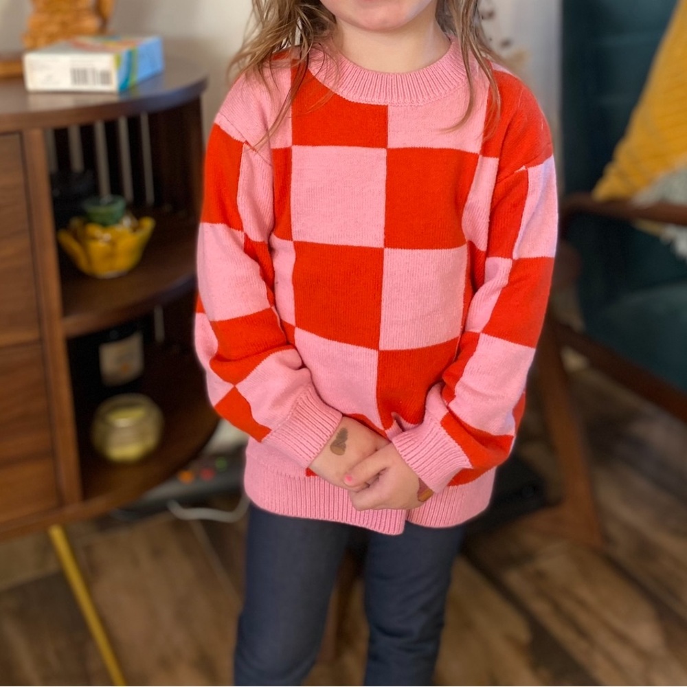 H&M girls checkered jacquard knit sweater- pink/red